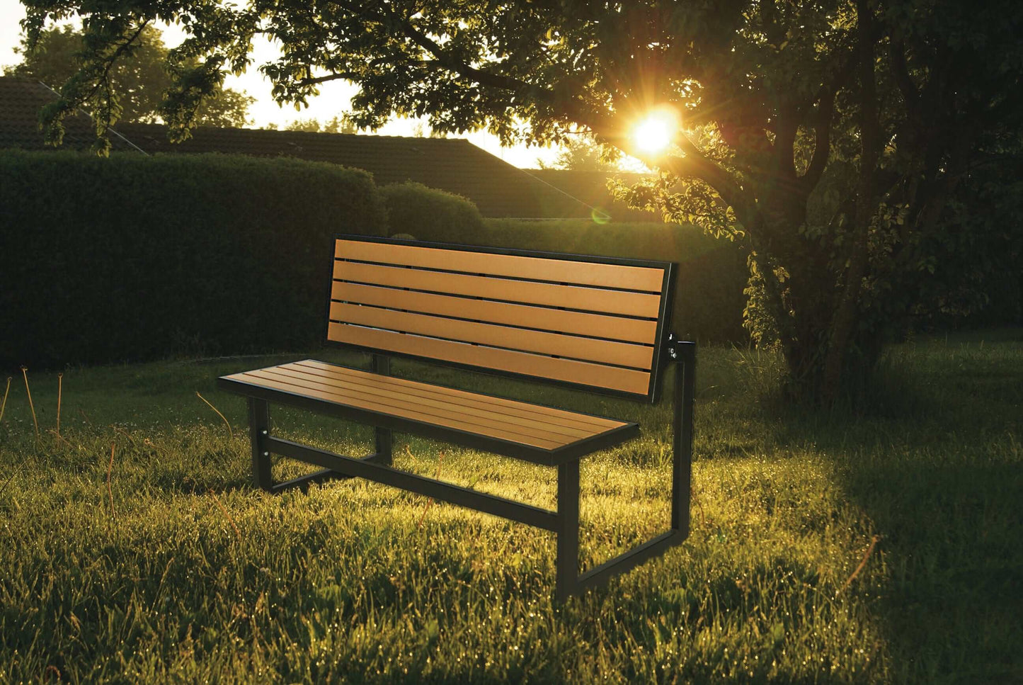 Duramax Ashton Convertible Table Bench 68070 in a sunny outdoor setting, showcasing its stylish wooden slats and metal frame.