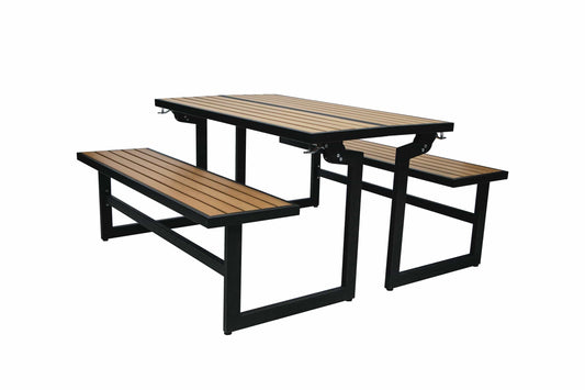 Duramax Ashton Convertible Table Bench 68070 in a modern outdoor setting, showcasing its versatile design and sleek finishes.