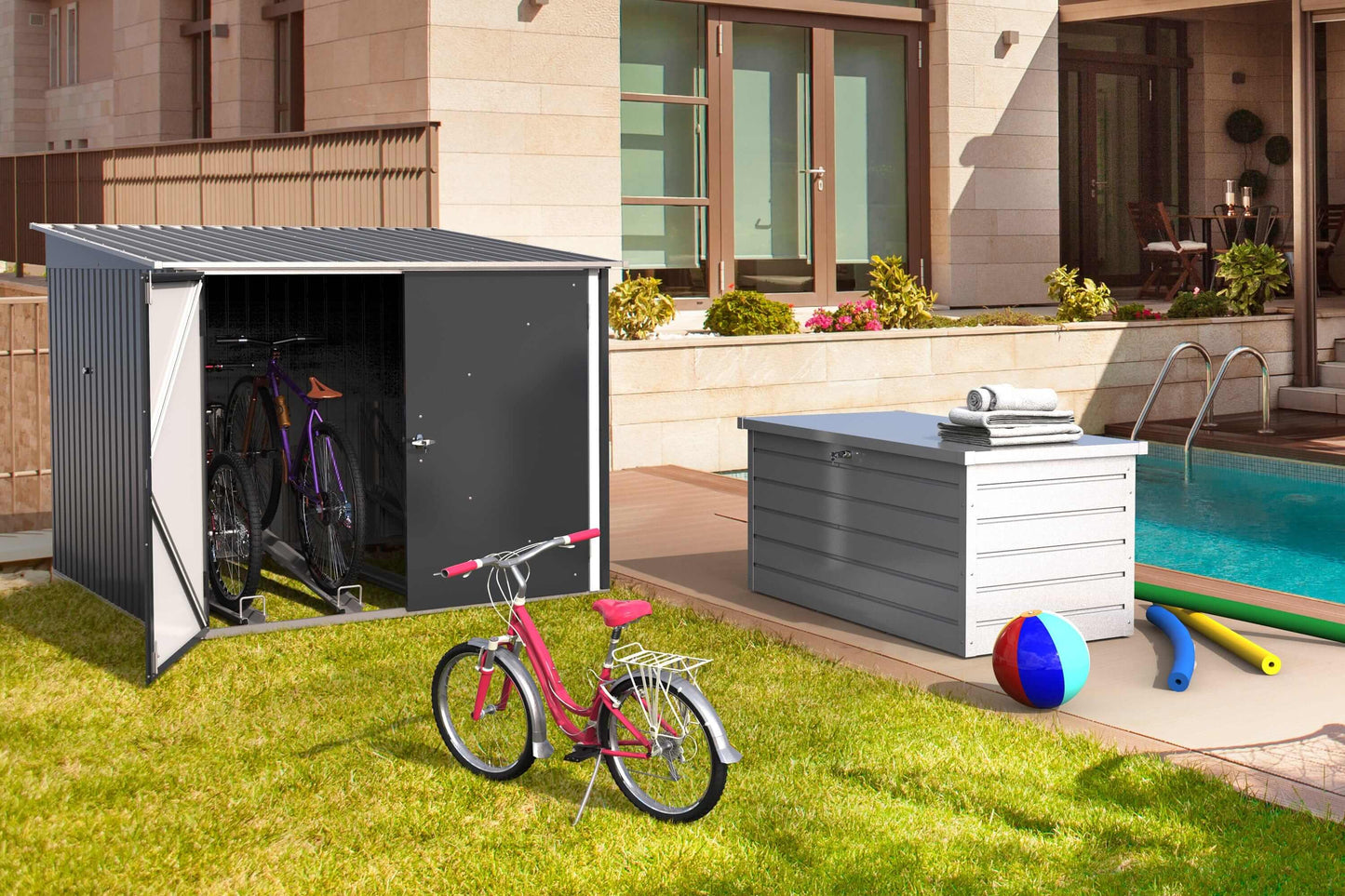 Duramax Bicycle Storage Shed 73051 in backyard with bikes, storage container, and pool in the background.