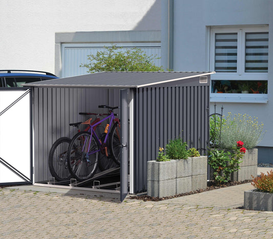 Duramax Bicycle Storage Shed 73051 with two bikes securely stored, ideal for outdoor protection and organization. 