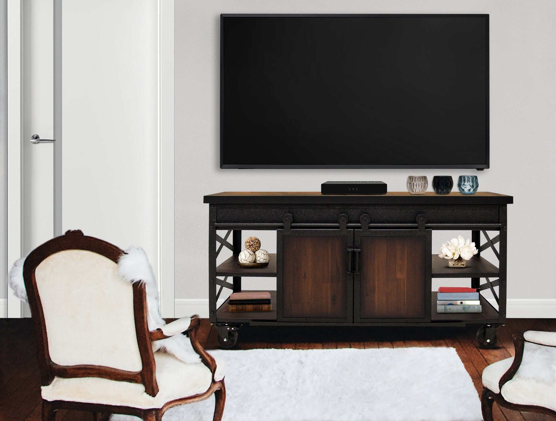 Duramax Farmhouse cabinet 68062 in a cozy living room with TV, showcasing industrial and farmhouse design.