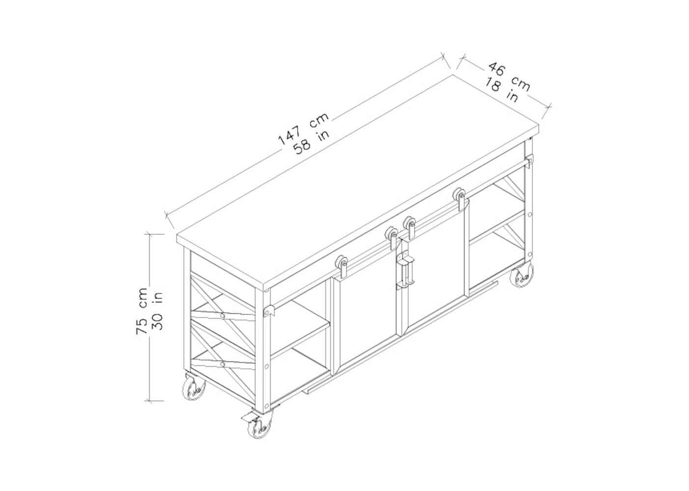 Duramax Farmhouse cabinet 68062 technical drawing showing dimensions and design features.