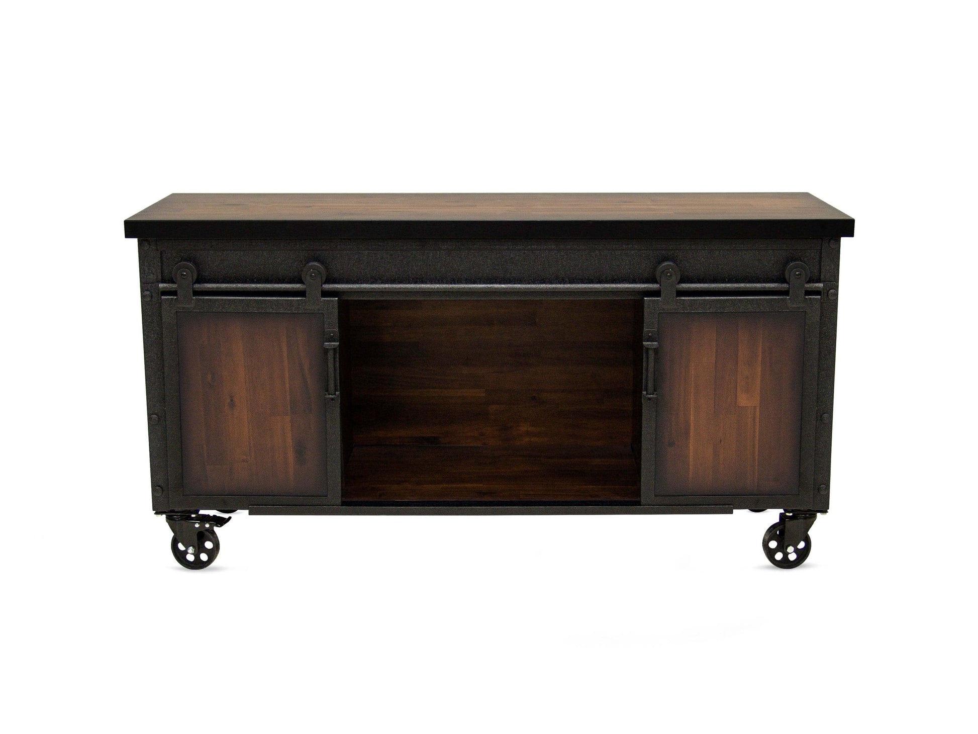 Duramax Farmhouse Cabinet 68062 with sliding doors and industrial design, featuring a wooden top and metal frame.