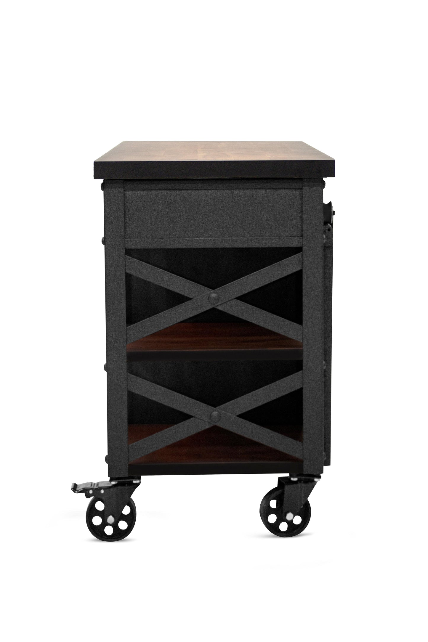 Duramax Farmhouse Cabinet 68062 featuring a stylish design, sliding doors, and wheels for mobility.