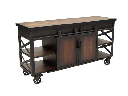Duramax Farmhouse cabinet 68062 with sliding doors and rustic design, featuring rolling wheels and wood shelves. 