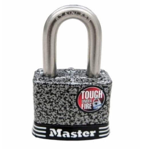 Master tough padlock designed for durability and fire resistance, ideal for securing outdoor storage. 