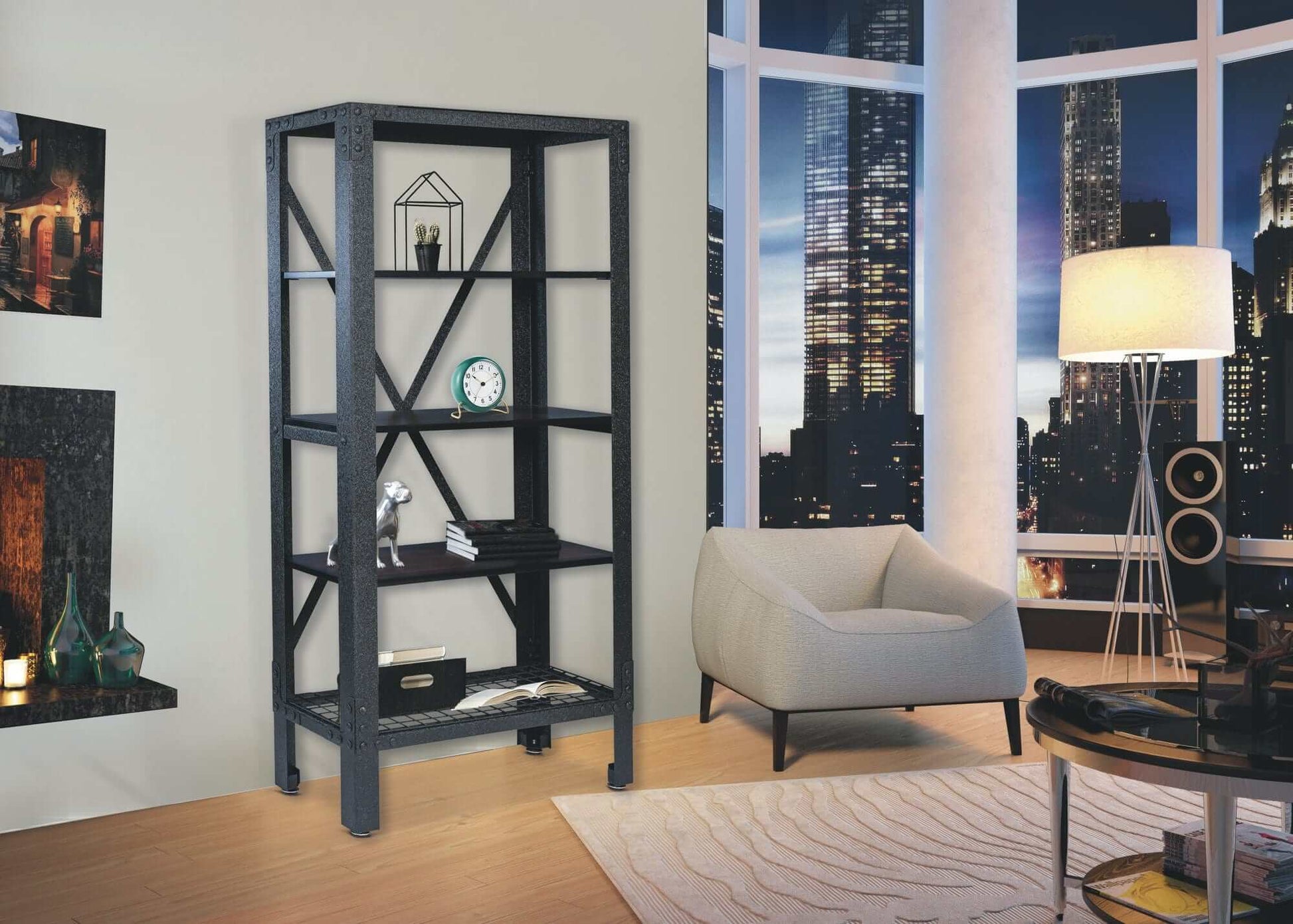 Duramax Industrial Metal and Wood Storage Shelving 68060 showcased in a modern living room setting with stylish decor.