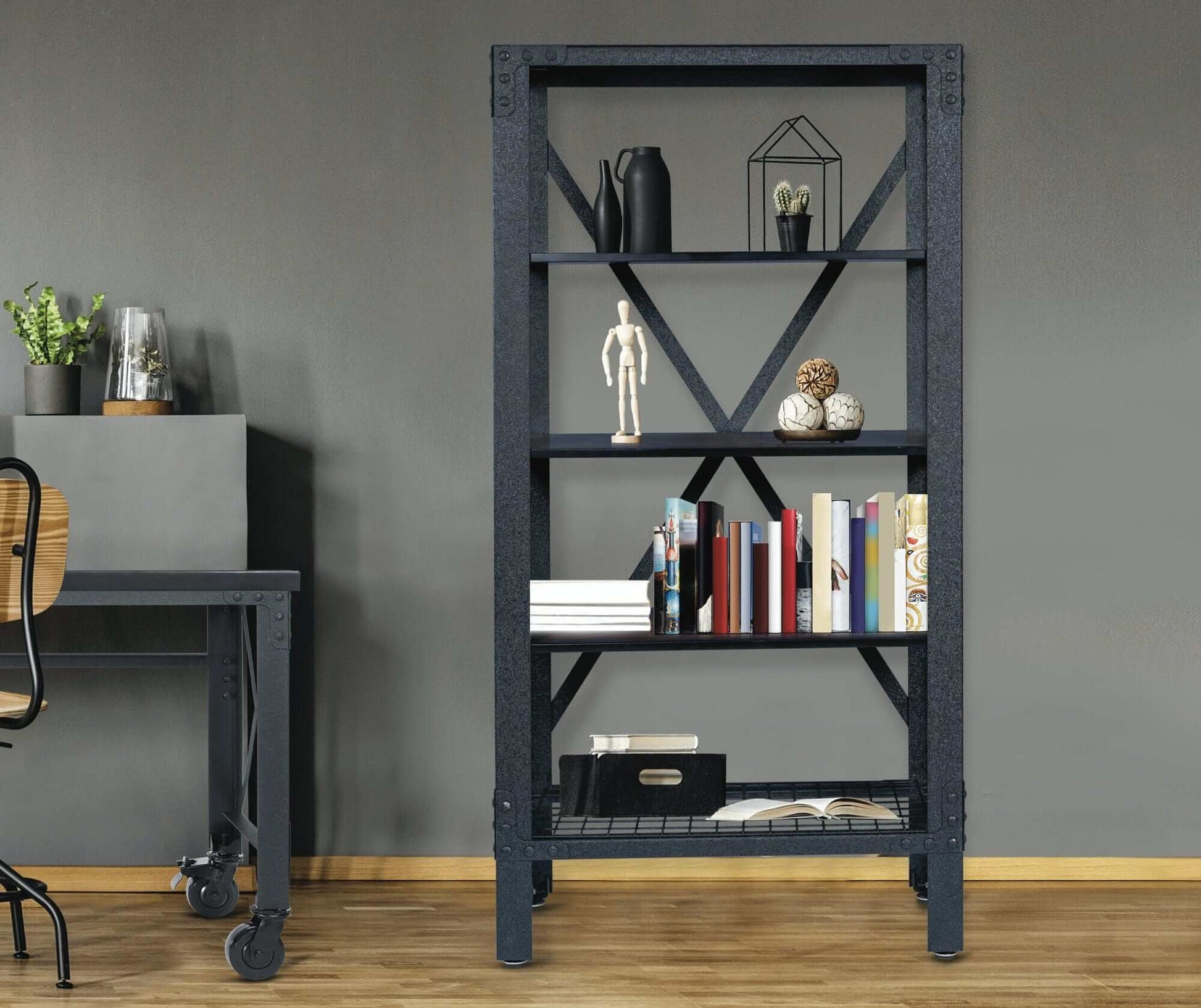 Duramax Industrial Metal and Wood Storage Shelving 68060 in modern room with books and decor items.