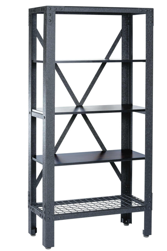 Duramax Industrial Metal and Wood Storage Shelving 68060 with black frame and acacia wood shelves. 