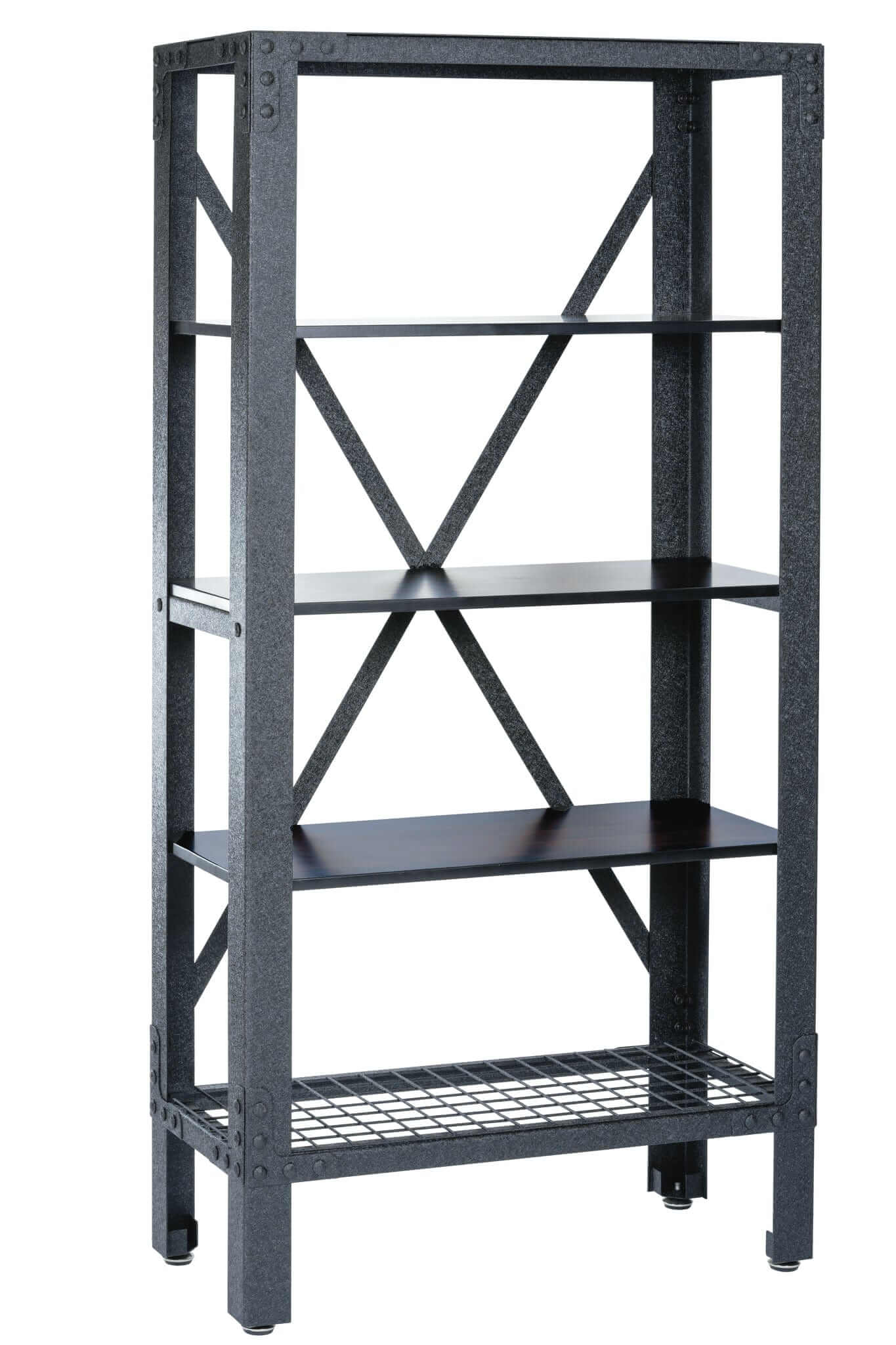 Duramax Industrial Metal and Wood Storage Shelving 68060 with black frame and acacia wood shelves.