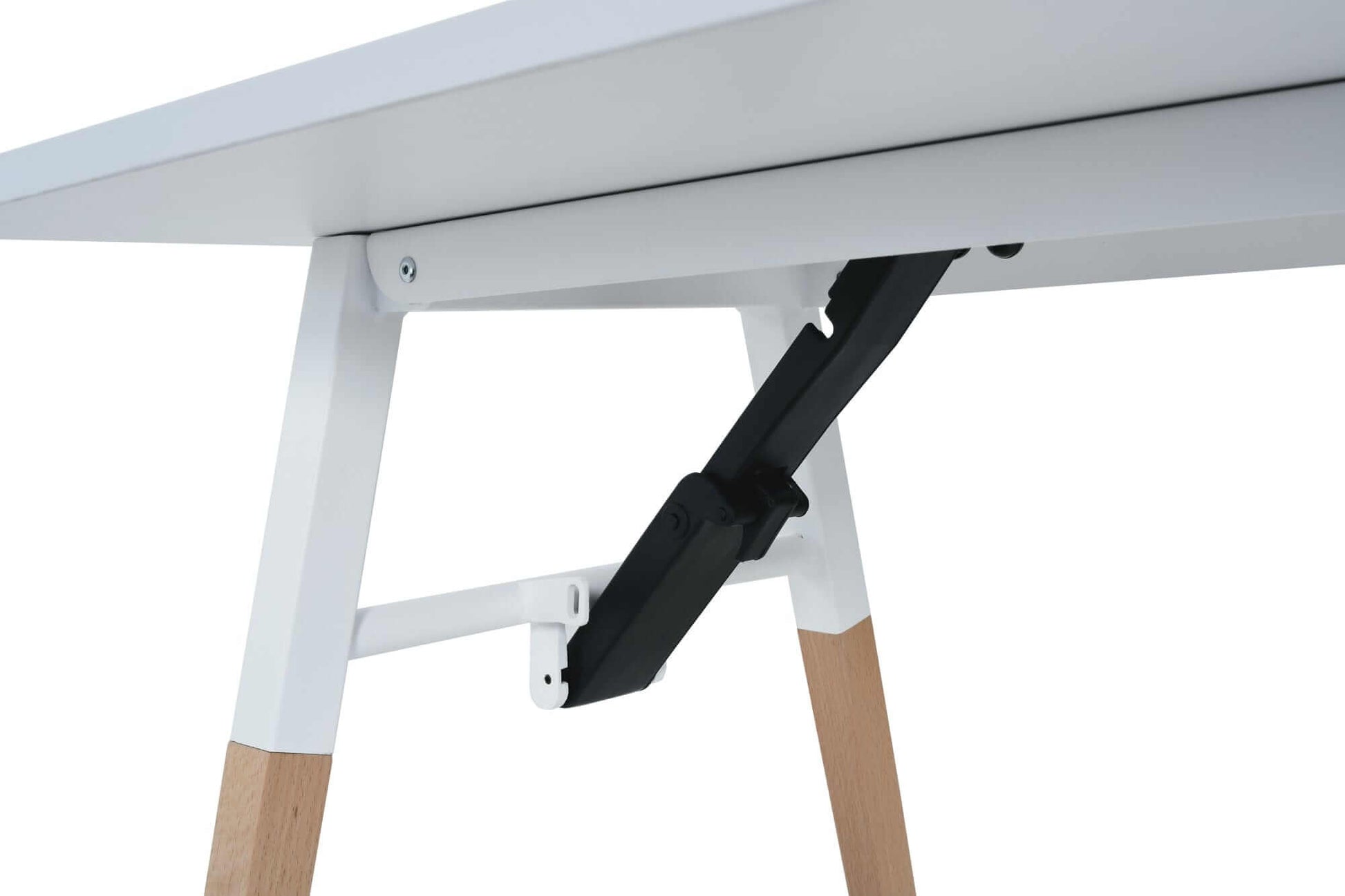 Close-up of Duramax Neo Folding Table 68053 hinge mechanism showcasing its sturdy build and modern design.