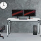 Duramax Ramo Desk 68054 with dual monitors and gaming chair, modern office setup on gray background.