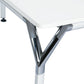 Close-up of the Duramax Ramo Desk 68054 featuring a sleek white tabletop and modern chrome support legs.