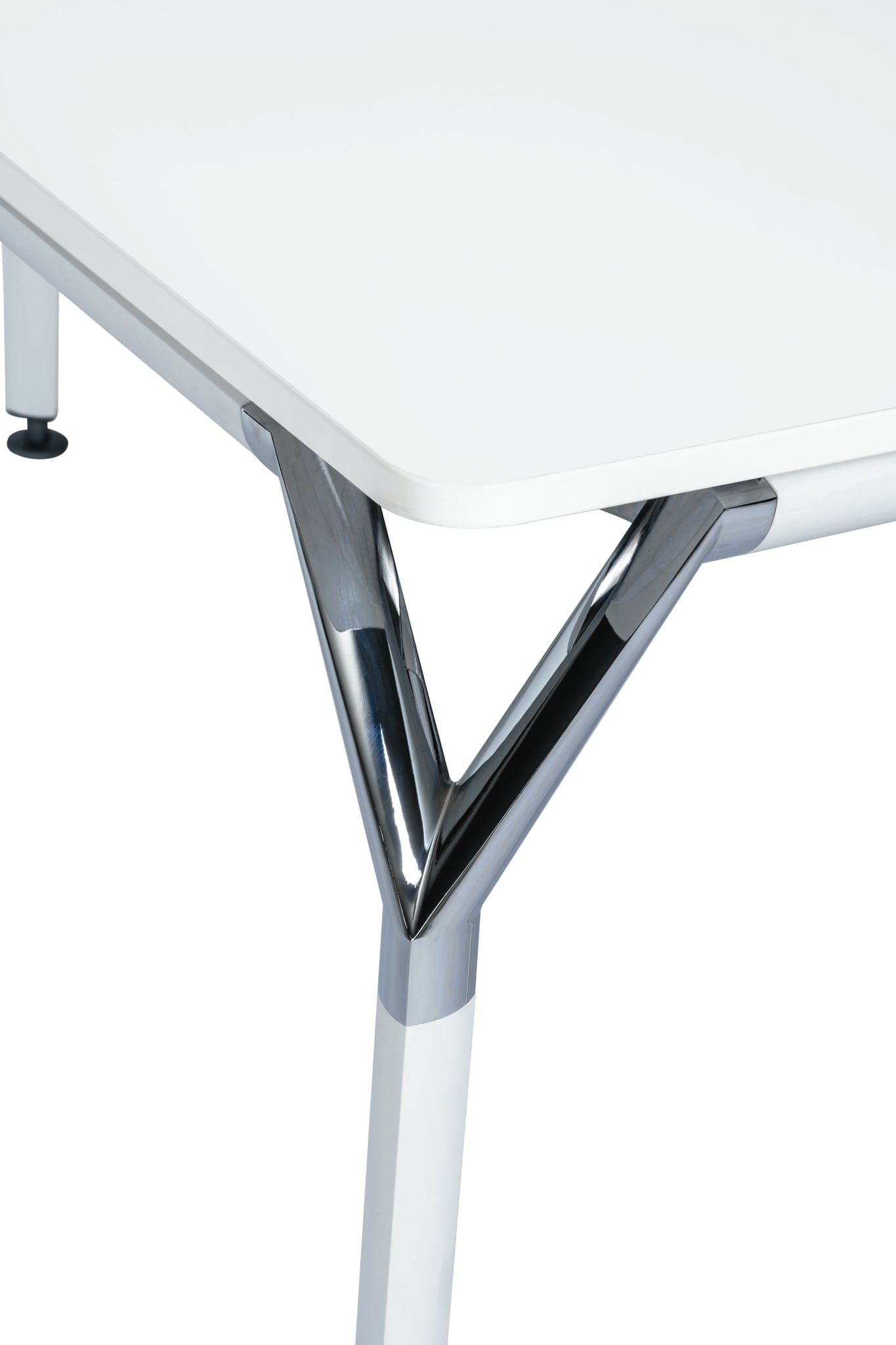 Close-up of the Duramax Ramo Desk 68054 featuring a sleek white tabletop and modern chrome support legs.