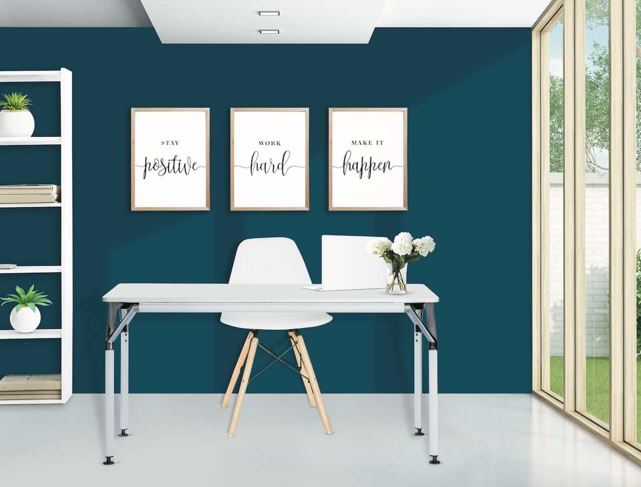 Modern home office featuring the Duramax Ramo Desk 68054 with motivational artwork and bright decor.