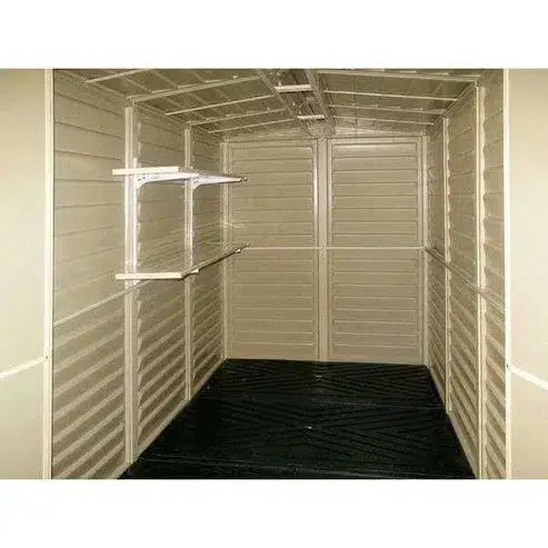 Interior view of a shed featuring installed Duramax double shelves for optimal storage space.