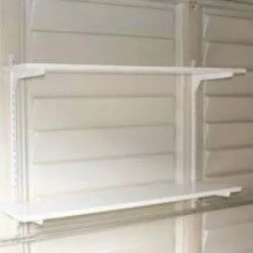 Duramax shed shelf 12" x 50" wide double shelf installed against a wall, optimizing storage space. 