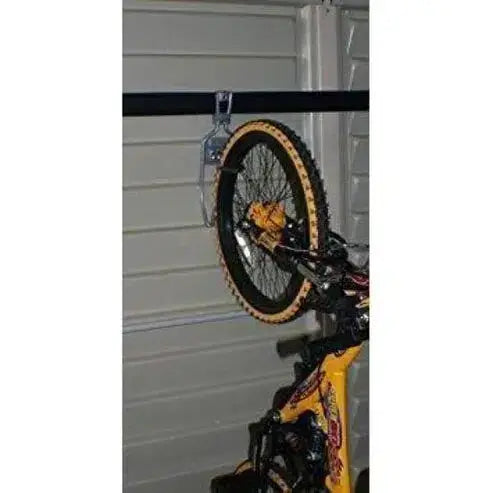 Duramax Shed Storage System Bike Hook 08720 holding a bike vertically to maximize storage space. 