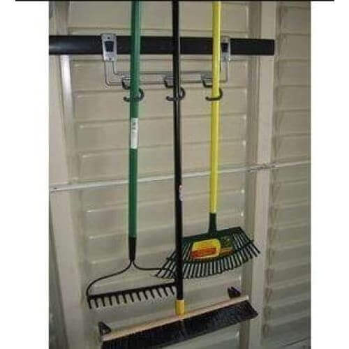 Duramax Shed Storage System Multi-Purpose Hook 08730 holding garden tools for efficient vertical storage. 