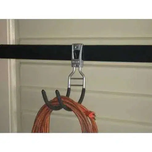 Duramax Shed Storage System Utility Hook 08760 holding extension cords for organized shed storage.