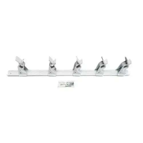 Duramax Shed White Steel Multi-Tool Hanger 08820 with five tool clasps for organized storage.