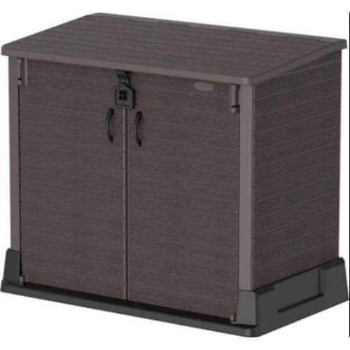 Duramax Storeaway 850L garden shed in brown, perfect for outdoor storage of tools and equipment. 