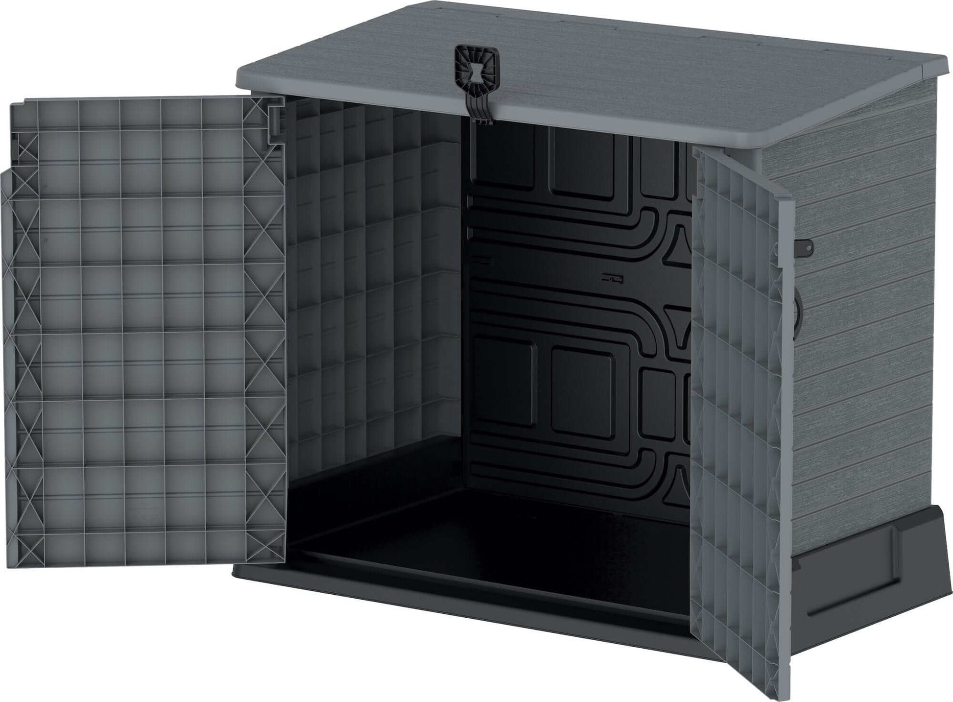 Duramax Storeaway 850L gray garden shed with open doors for outdoor storage solutions.