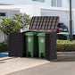 Duramax StoreAway 850L gray storage unit showcasing two green trash bins in a suburban setting.