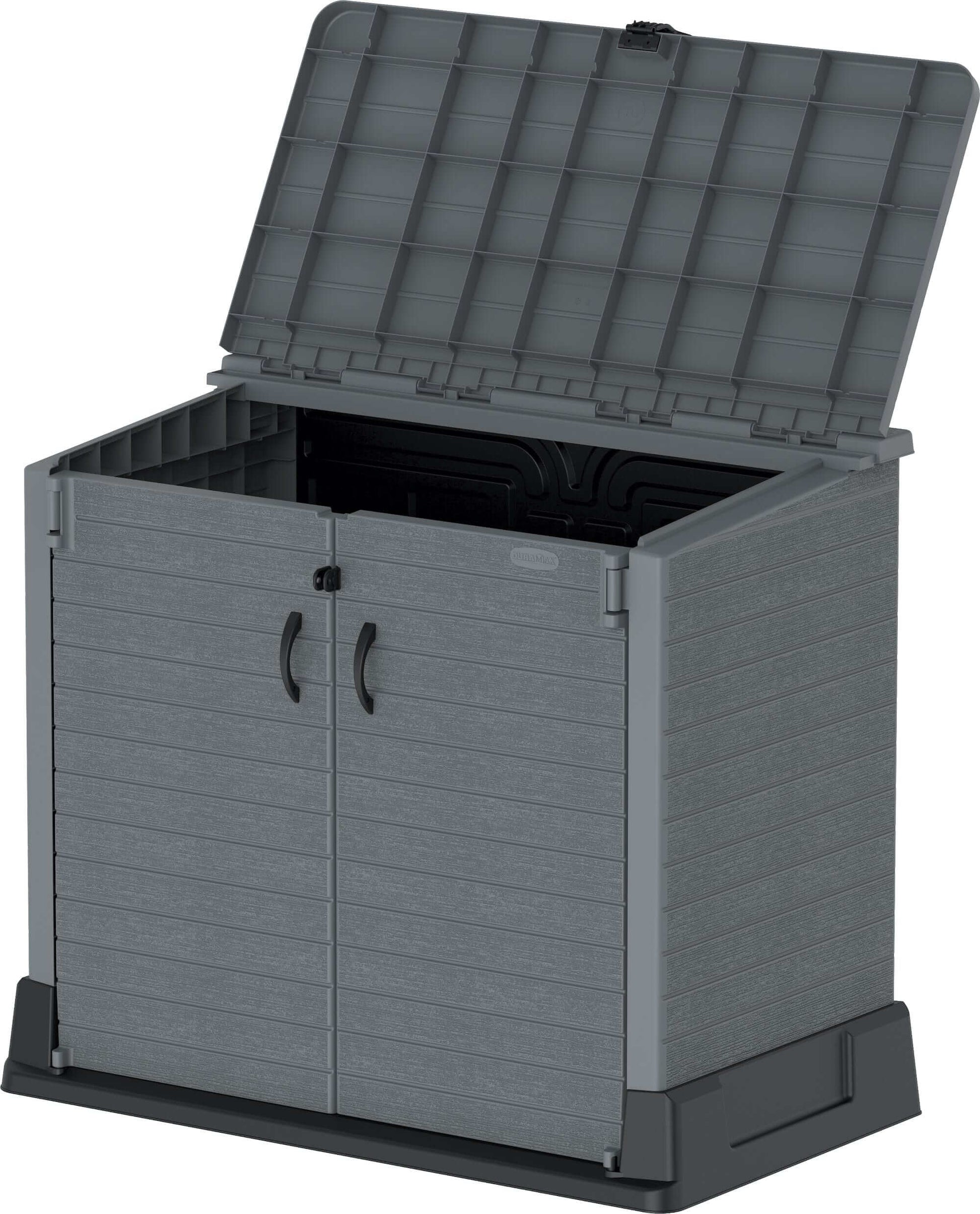 Duramax Storeaway 850L gray garden shed with an open lid for easy access to outdoor storage.