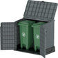 Duramax Storeaway 850L gray garden shed with open doors revealing two green waste bins inside.