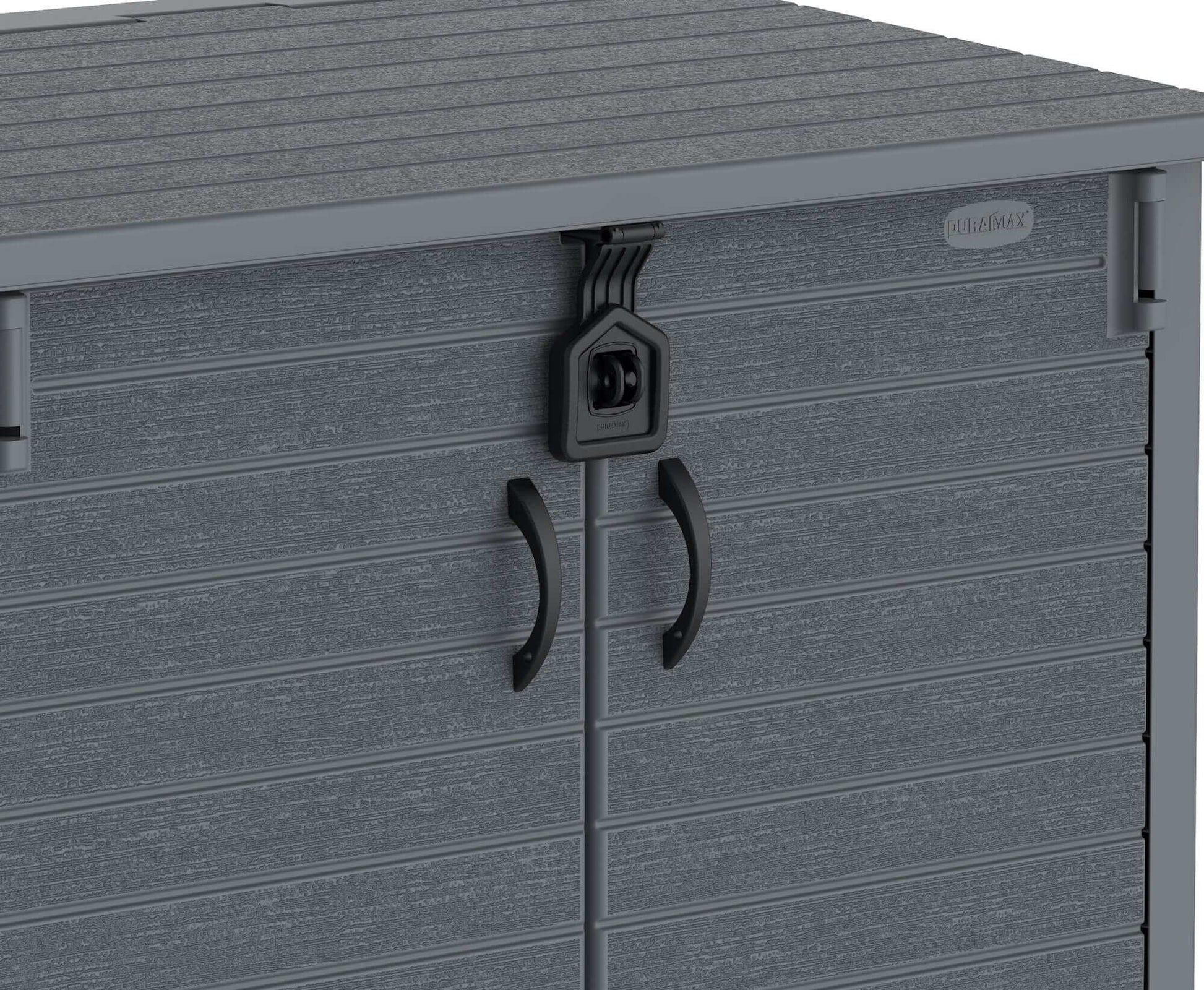 Duramax Storeaway 850L Gray garden shed with lock and handles for secure outdoor storage.