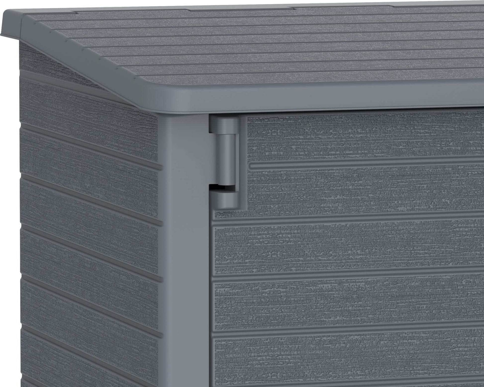 Duramax Storeaway 850L gray garden shed corner view showcasing textured exterior and roof design.