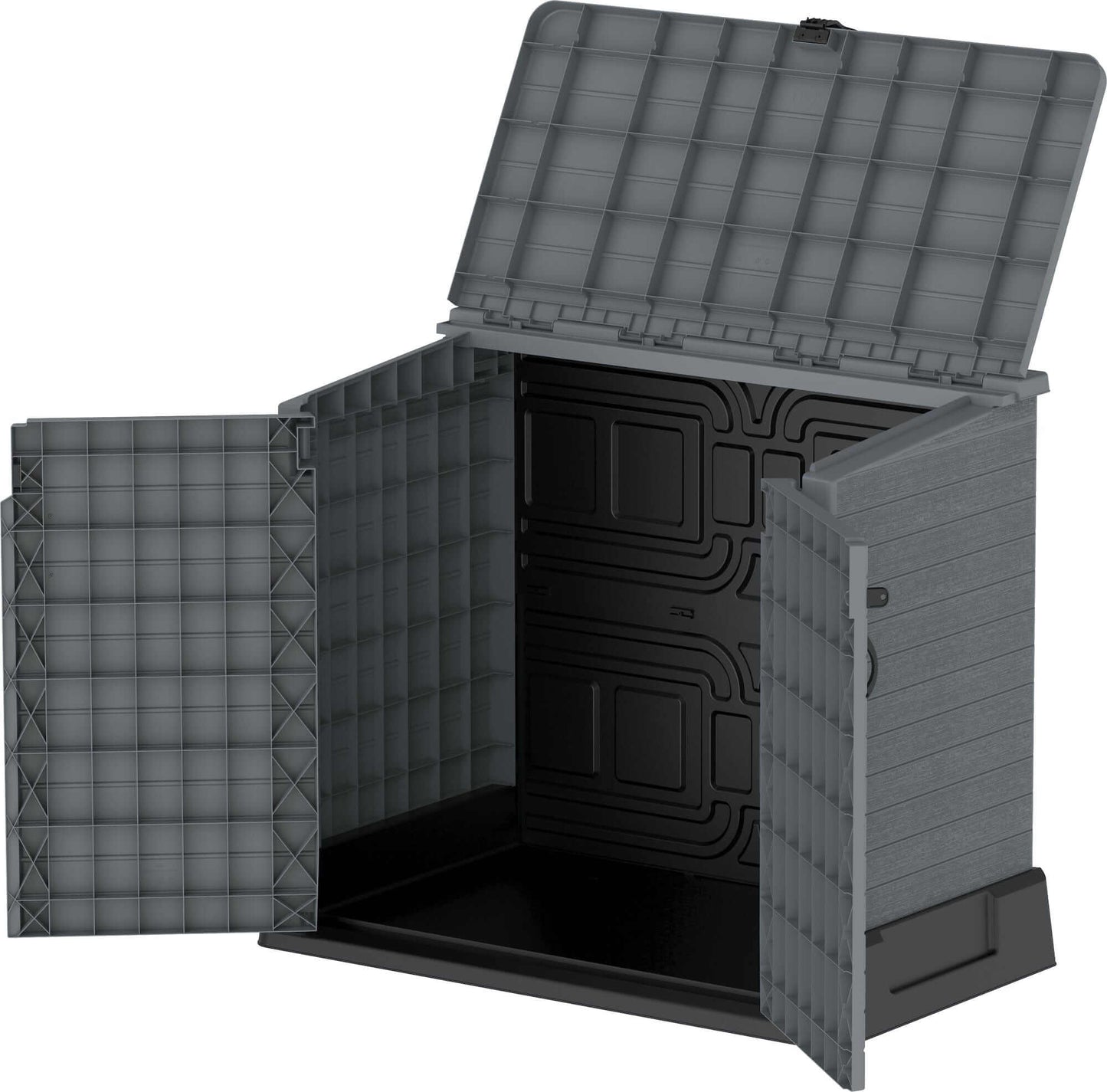 Duramax Storeaway 850L gray garden shed with open doors, spacious for outdoor storage needs.