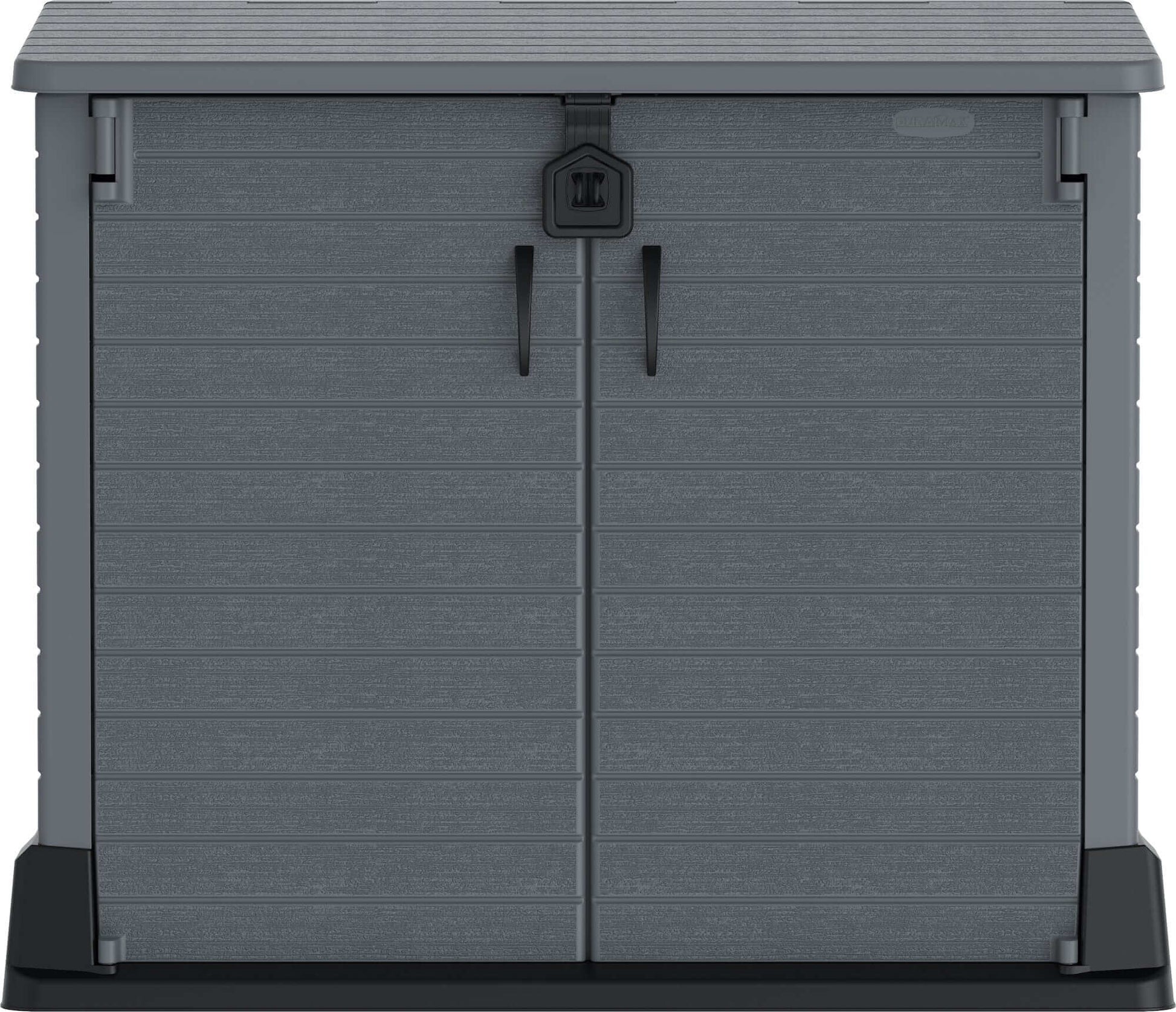 Duramax Storeaway 850L gray garden shed with double doors for outdoor storage solution.