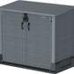 Duramax Storeaway 850L gray garden shed with double doors for outdoor storage solutions.