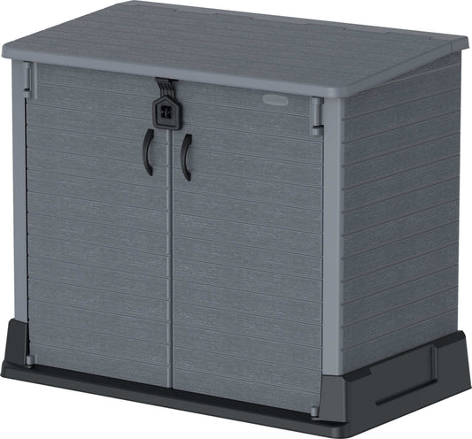 Duramax Storeaway 850L gray garden shed with double doors for outdoor storage solutions. 