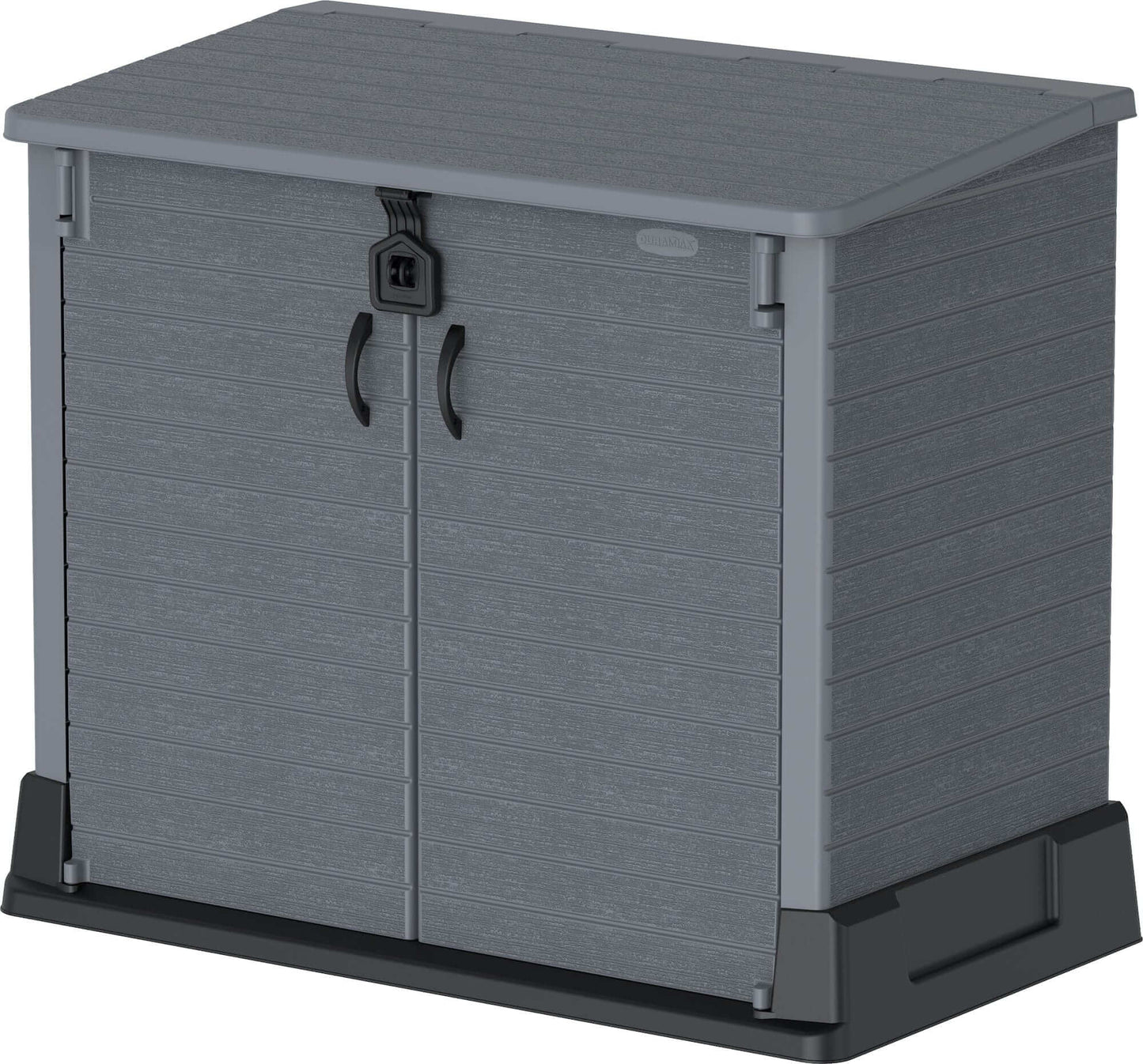 Duramax Storeaway 850L gray garden shed with double doors for outdoor storage solutions.