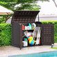 Duramax Storeaway Arc Lid 1200L garden shed in brown, showcasing organized outdoor storage by the pool.