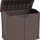 Duramax Storeaway Arc Lid 1200L brown outdoor storage shed with an open lid for easy access.