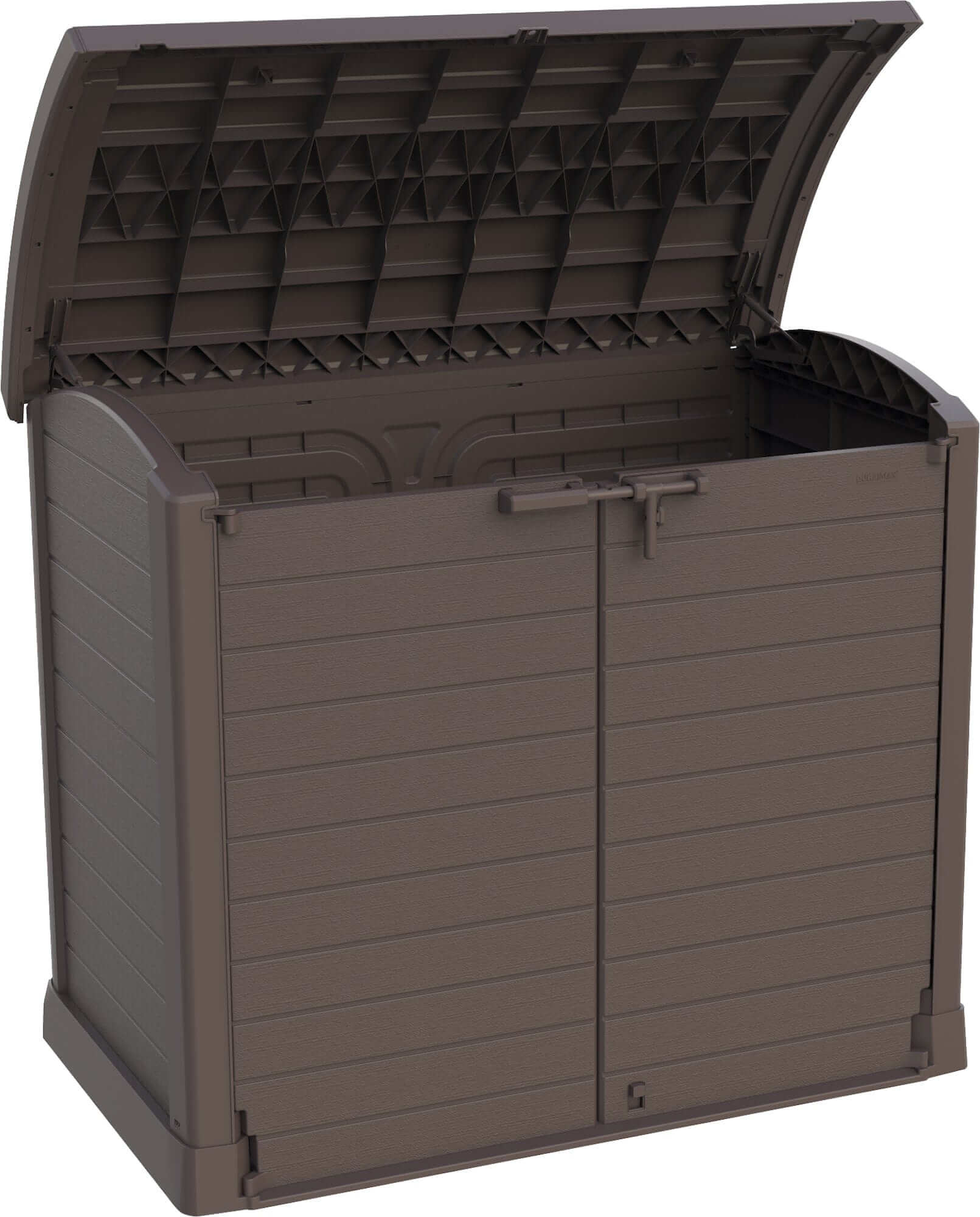 Duramax Storeaway Arc Lid 1200L brown outdoor storage shed with an open lid for easy access.