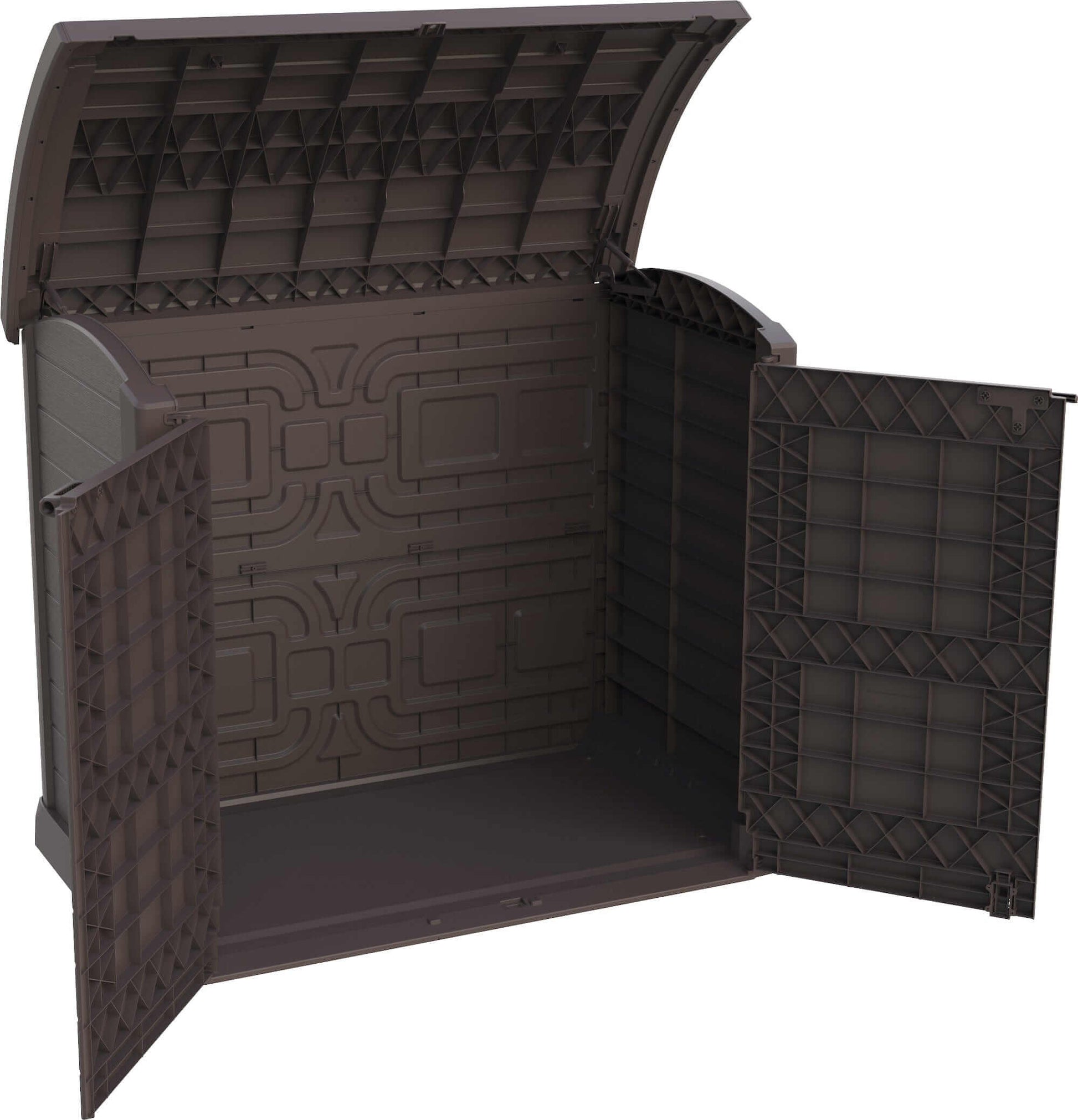 Duramax Storeaway Arc Lid 1200L Brown 86632 open storage shed displaying spacious interior for outdoor tools.