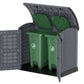 Duramax Storeaway Arc Lid 1200L brown storage shed with open lids and green garbage bins inside for outdoor organization.