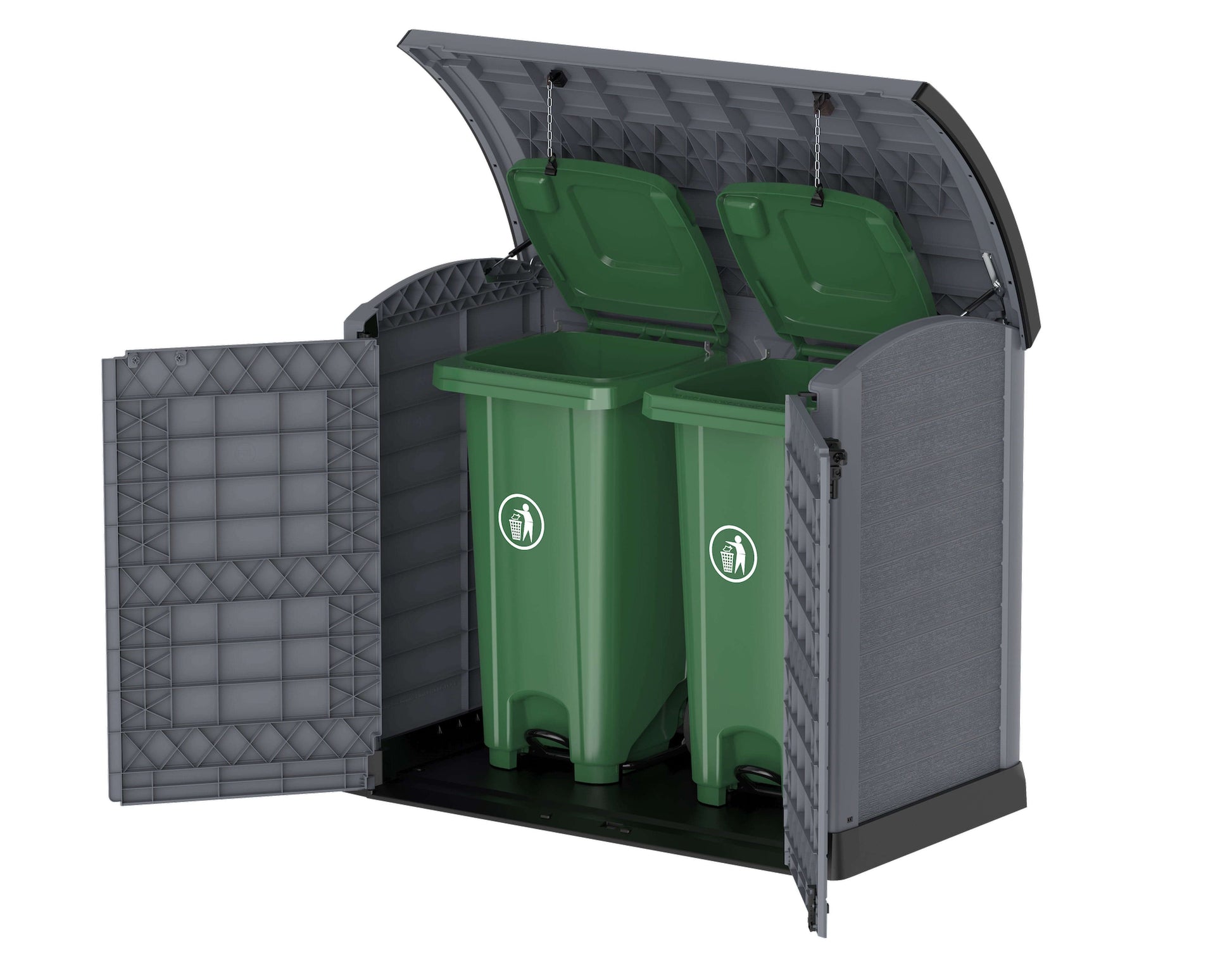 Duramax Storeaway Arc Lid 1200L brown storage shed with open lids and green garbage bins inside for outdoor organization.