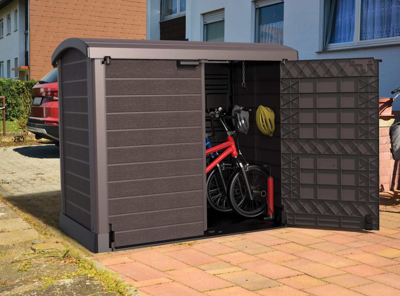 Duramax Storeaway Arc Lid 1200L garden shed featuring bike storage, heavy-duty plastic, and a secure design.