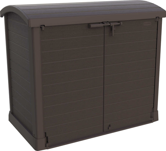 Duramax Storeaway Arc Lid 1200L Brown shed for outdoor storage of garden tools and equipment. 