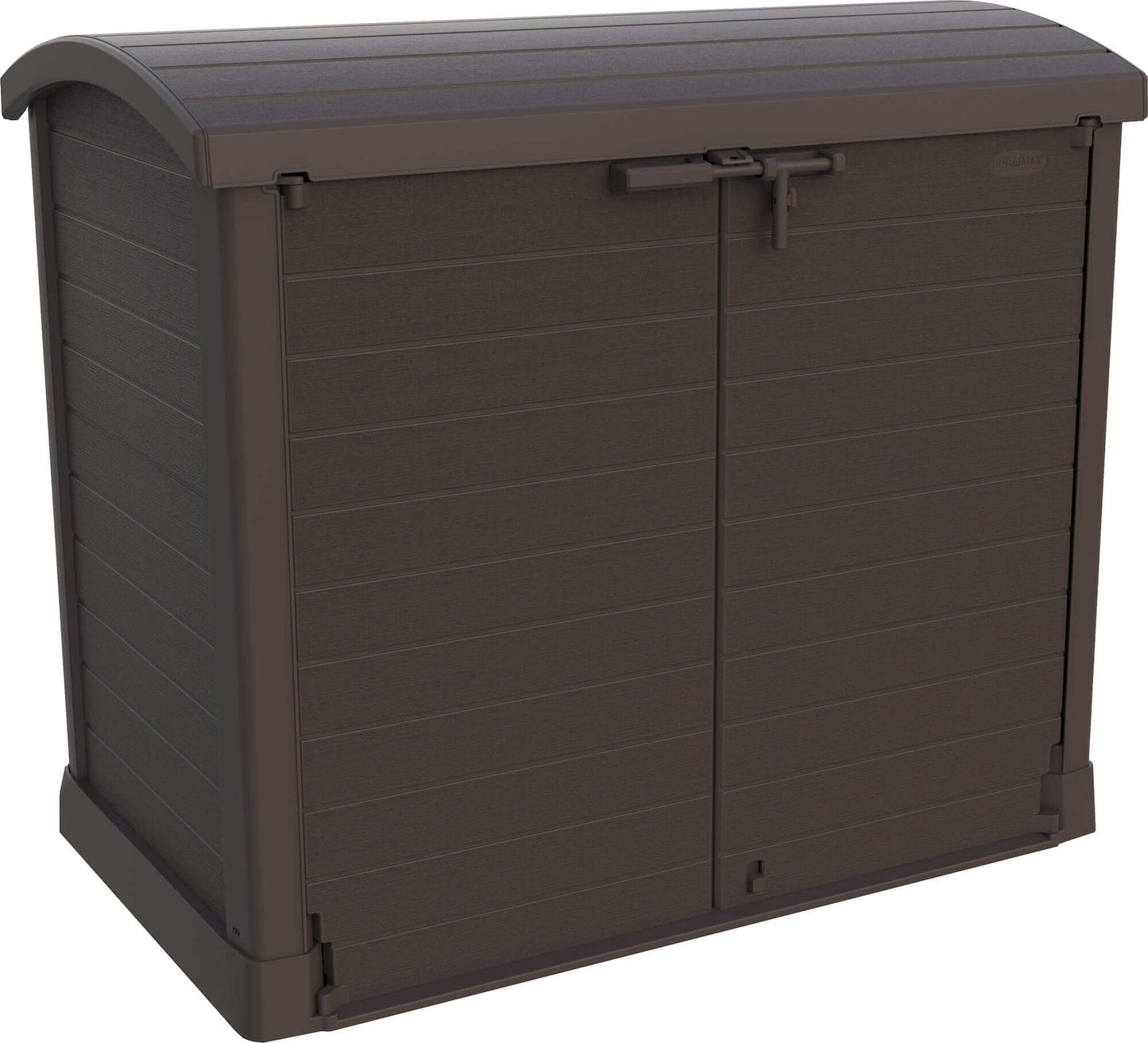 Duramax Storeaway Arc Lid 1200L Brown shed for outdoor storage of garden tools and equipment.