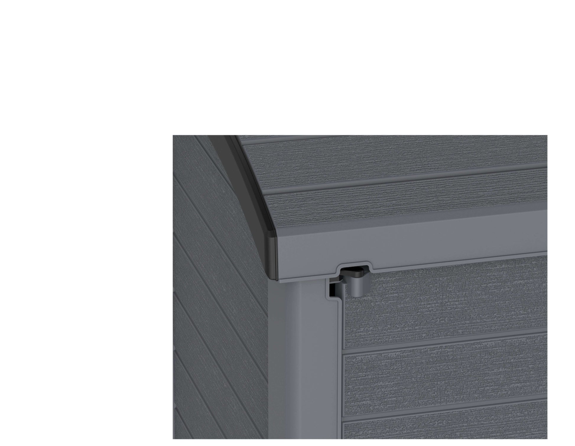 Close-up of the Duramax Storeaway Arc Lid 1200L in gray, showcasing its durable design and secure fastening features.