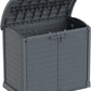 Duramax Storeaway Arc Lid 1200L Gray shed with open lid for outdoor storage solutions.