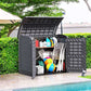 Duramax Storeaway Arc Lid 1200L Gray shed with garden tools and accessories stored neatly, enhancing outdoor organization.