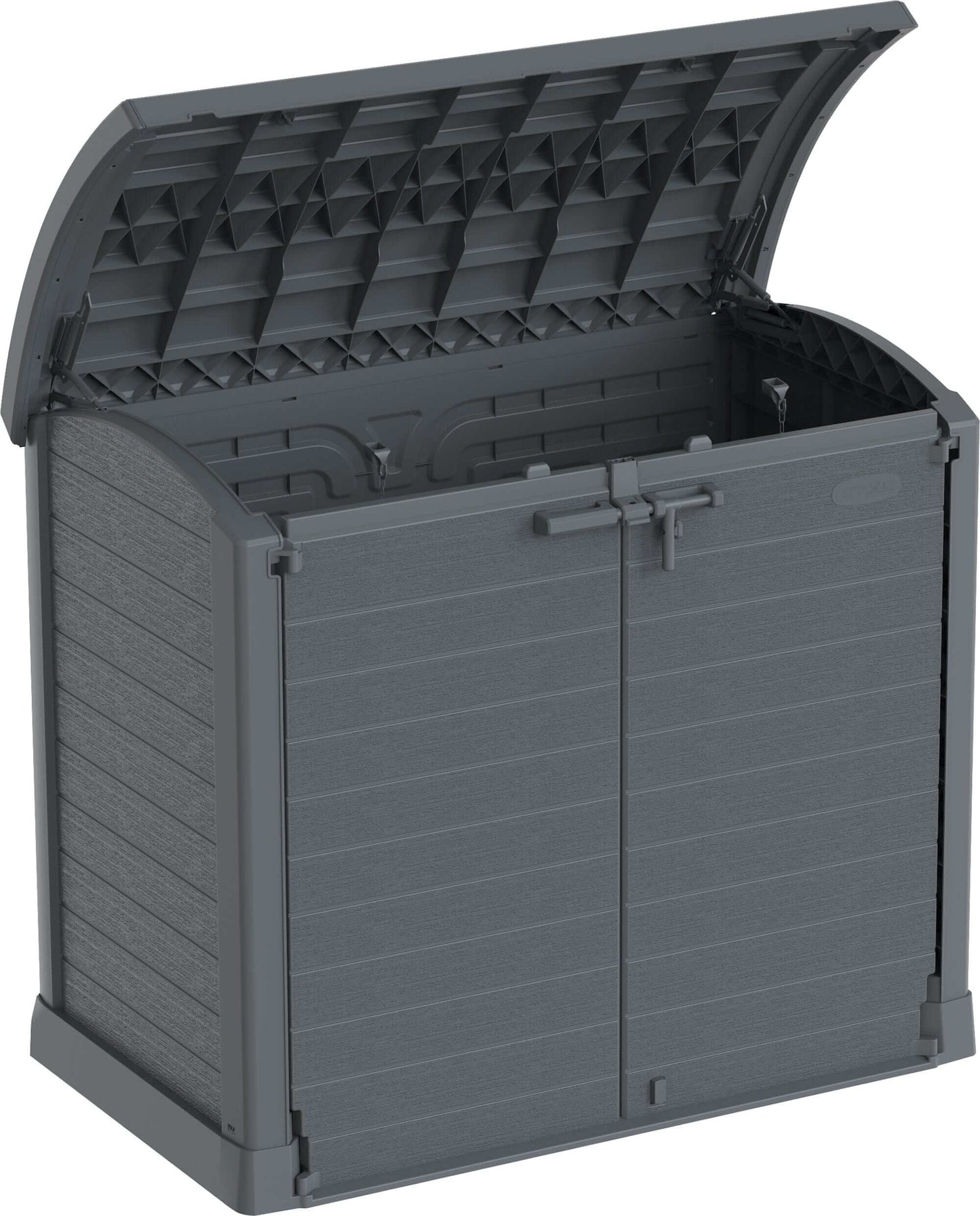 Duramax Storeaway Arc Lid 1200L Gray shed with open lid for outdoor storage solutions.